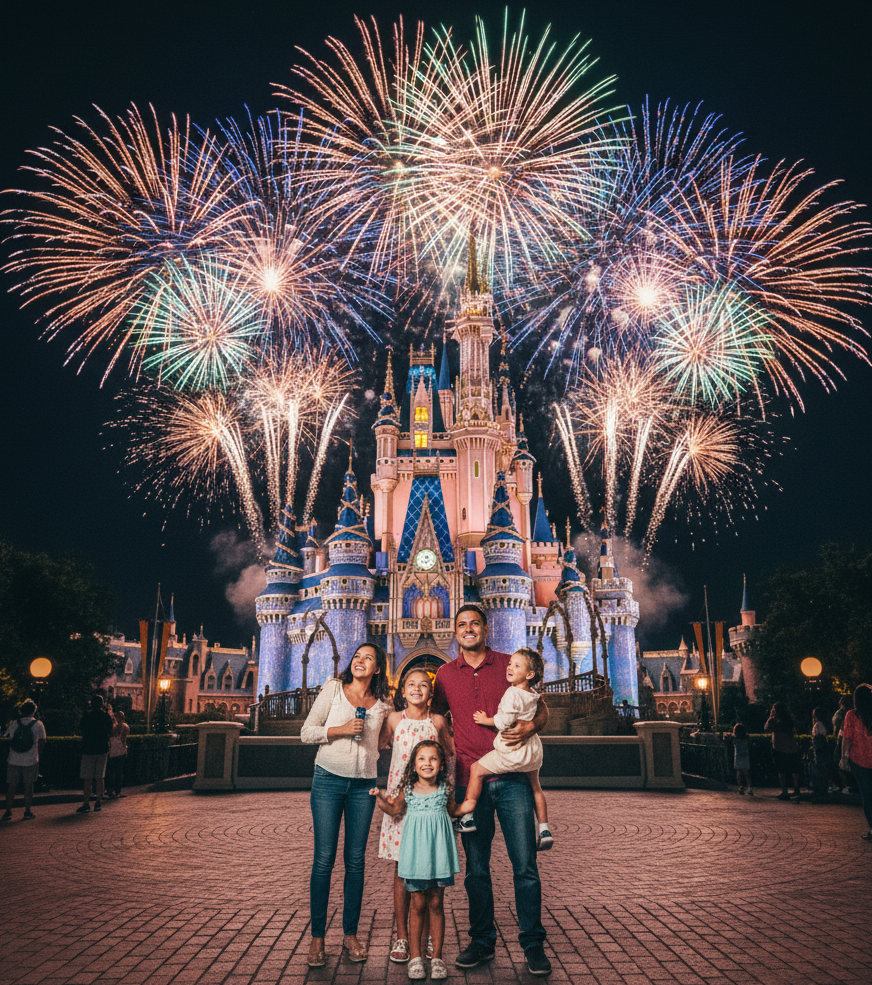Família sorrindo em frente a um castelo de parque temático.