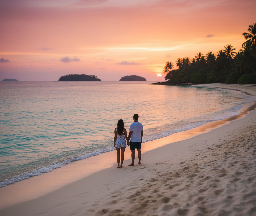 Casal de costas em uma praia tropical paradisíaca.