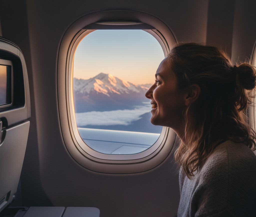 Mulher feliz olhando pela janela de um avião.