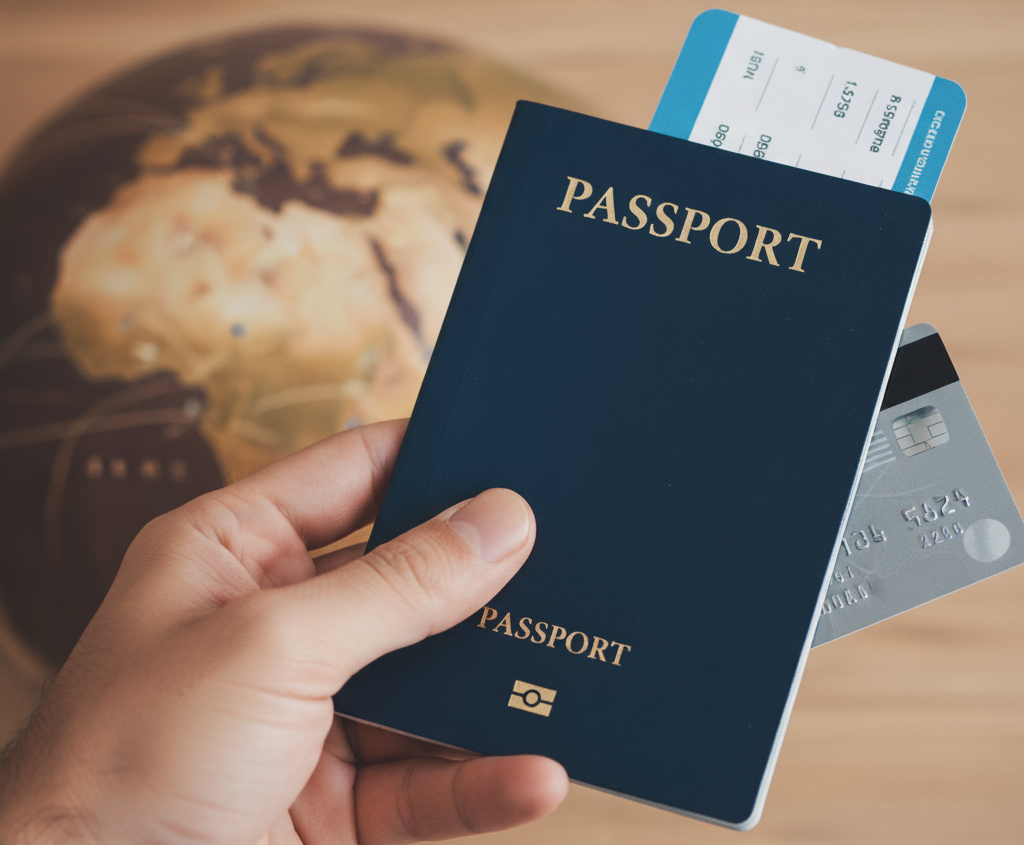 Mão segurando um passaporte com um símbolo de proteção.